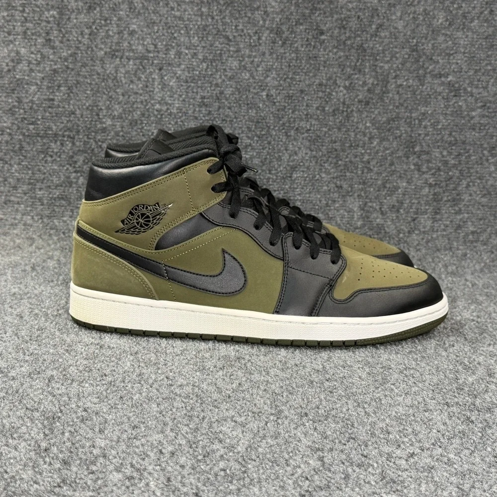 Jordan 1 Mid Shoes Men's 13 Olive Canvas Green Black Retro Athletic Sneakers